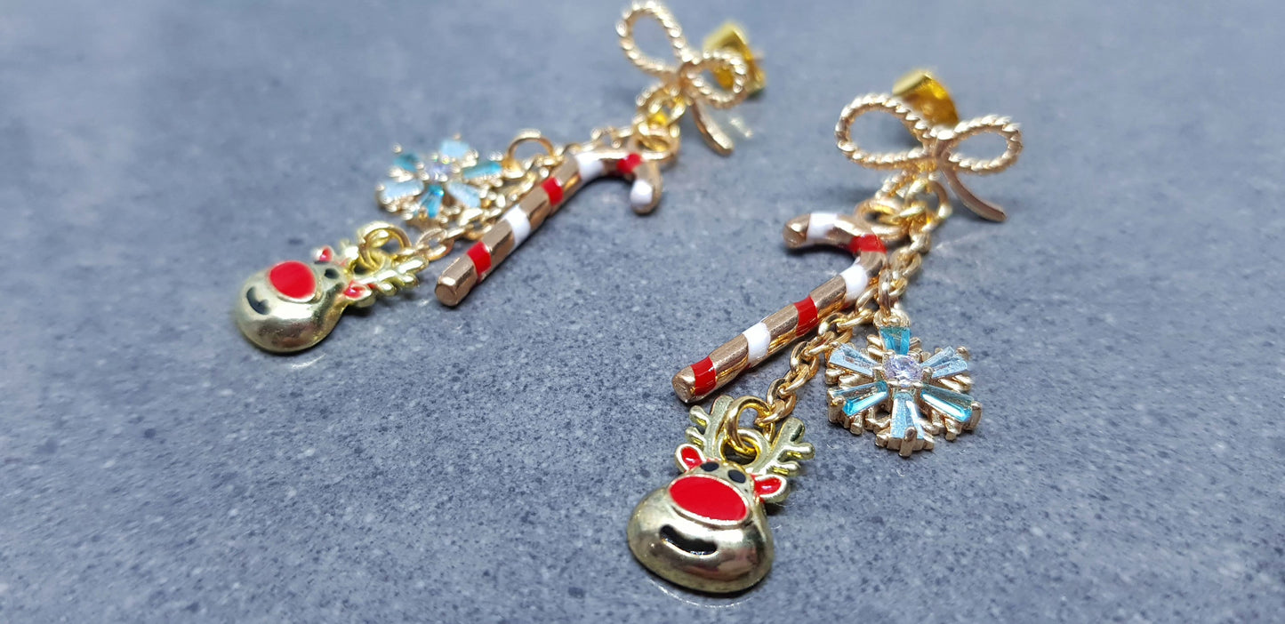 Snowflake Earrings, Rudolf Earrings, Cubic Zirconia Earrings, Christmas Earrings, Brass bow studs, Candy Cane Earrings, Festive Earrings