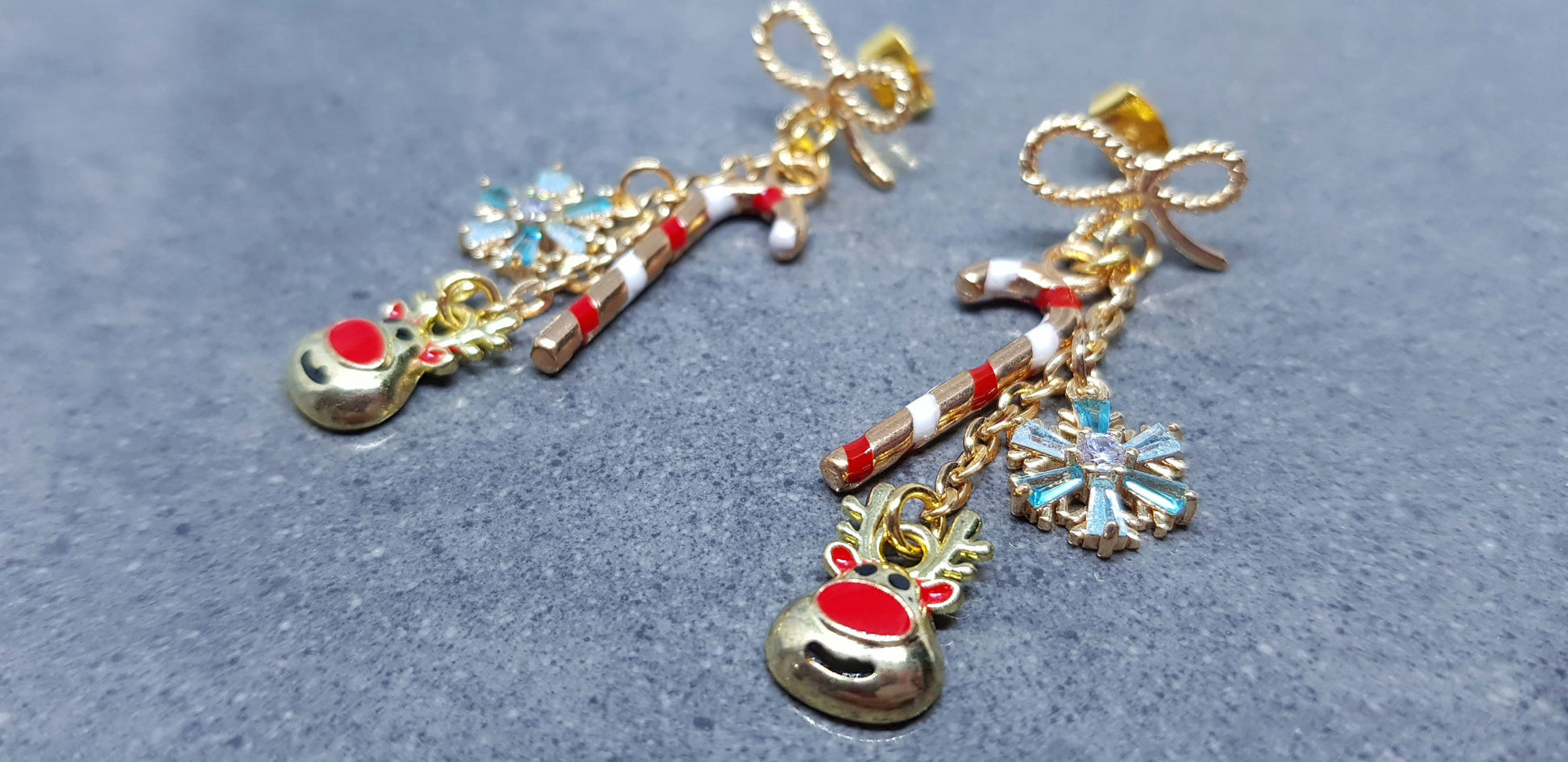 Snowflake Earrings, Rudolf Earrings, Cubic Zirconia Earrings, Christmas Earrings, Brass bow studs, Candy Cane Earrings, Festive Earrings