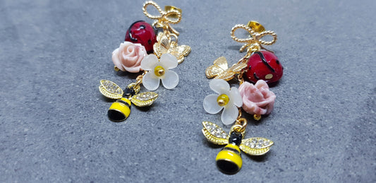 Ladybird Earrings, Bee Earrings, Brass bow studs , Bumble Bee Earrings, Flower Jewelry, Rose Earrings, Daisy Earrings