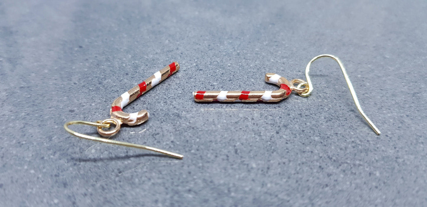 Candy Cane Earrings, Hypoallergenic Ear Wires, Gold Enamelled Earrings, Christmas Earrings, Party Earrings, Festive Earrings