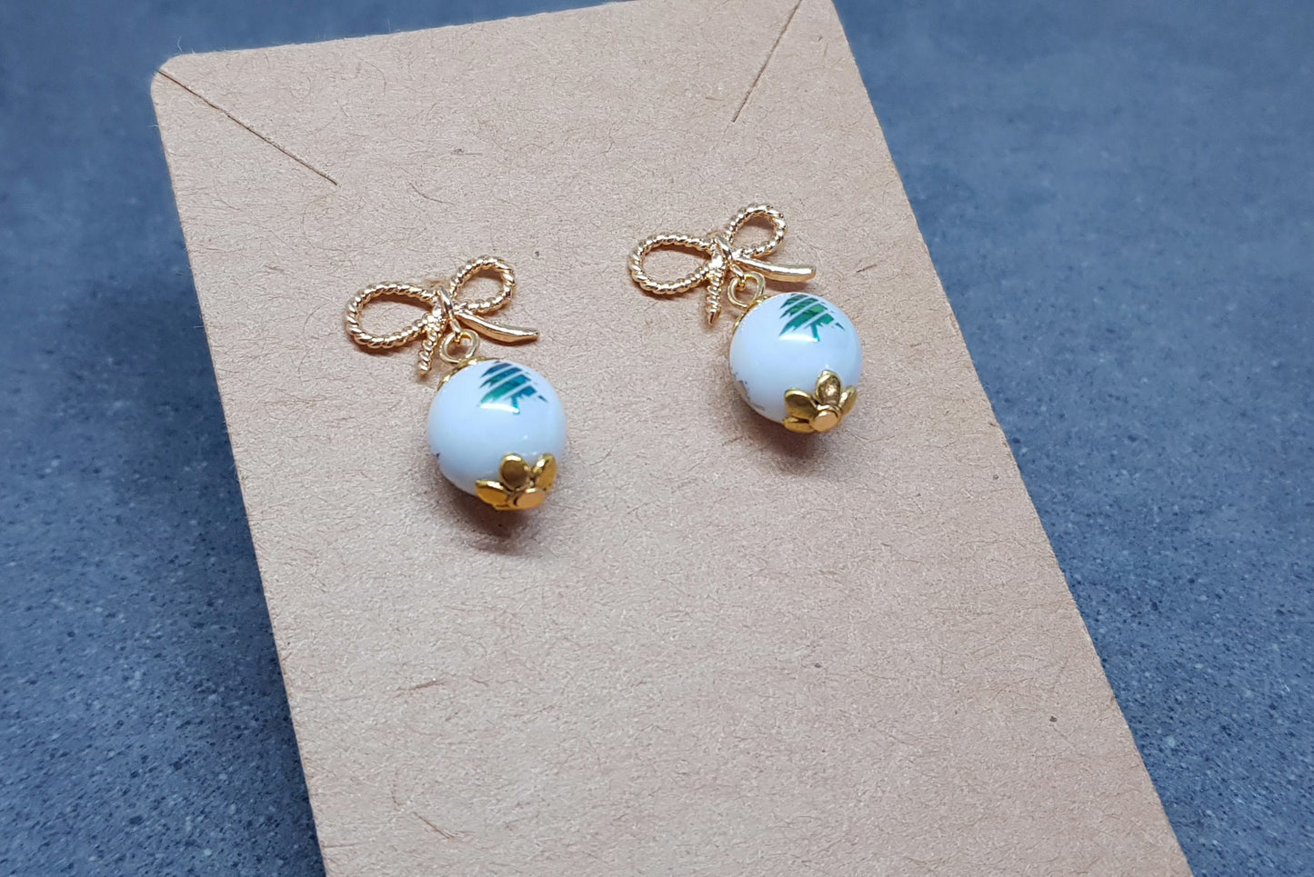 Glass Christmas Tree Earrings, Glass Pearl Earrings, Brass bow studs, White Bead Jewellery, Vintage Style Earrings