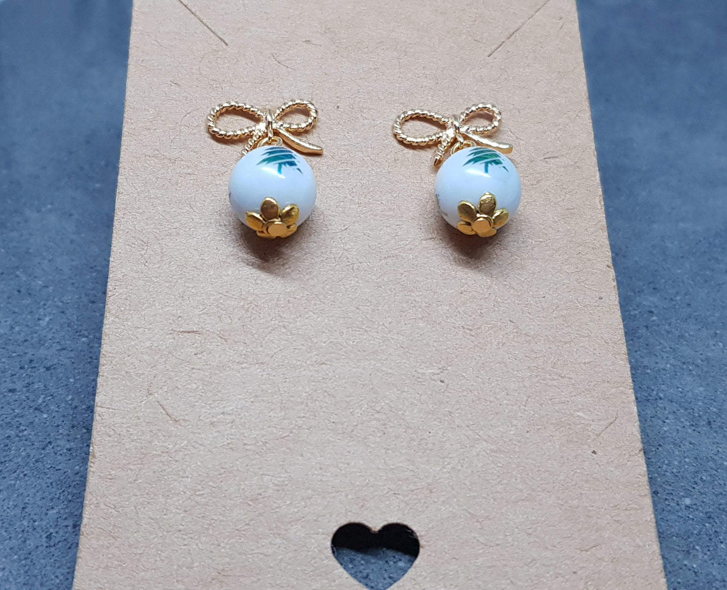 Glass Christmas Tree Earrings, Glass Pearl Earrings, Brass bow studs, White Bead Jewellery, Vintage Style Earrings