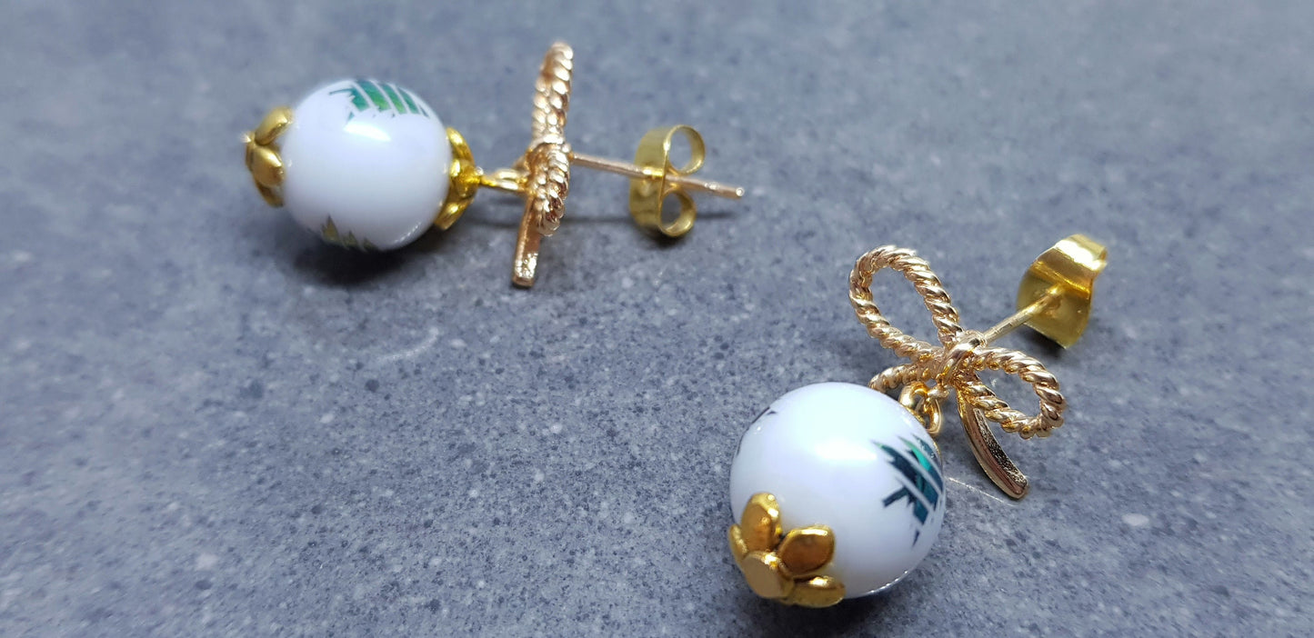 Glass Christmas Tree Earrings, Glass Pearl Earrings, Brass bow studs, White Bead Jewellery, Vintage Style Earrings