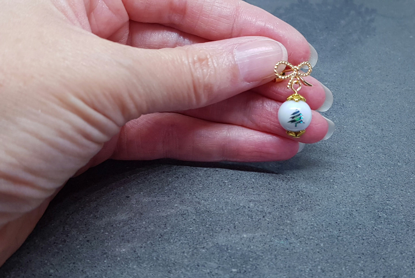 Glass Christmas Tree Earrings, Glass Pearl Earrings, Brass bow studs, White Bead Jewellery, Vintage Style Earrings