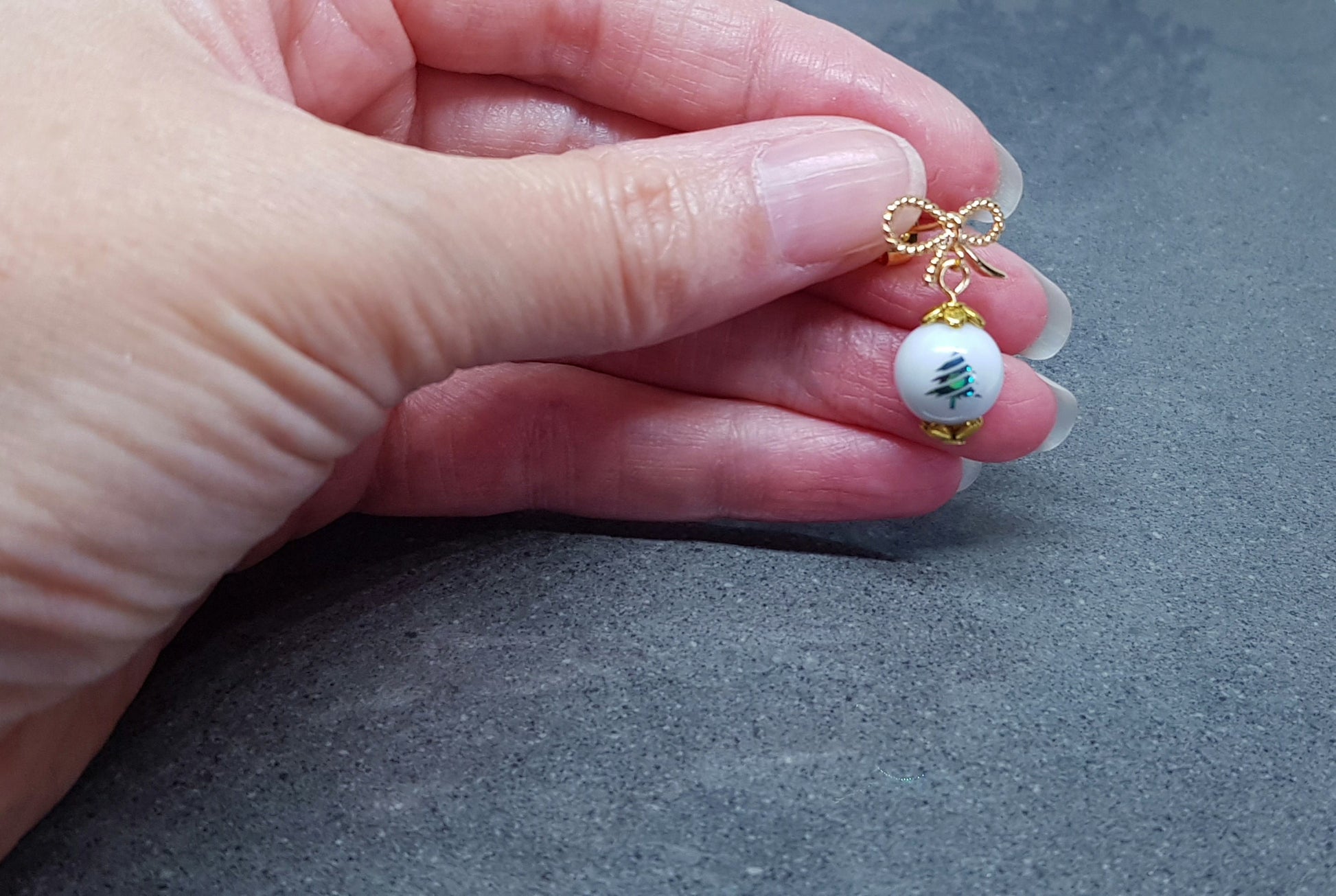 Glass Christmas Tree Earrings, Glass Pearl Earrings, Brass bow studs, White Bead Jewellery, Vintage Style Earrings
