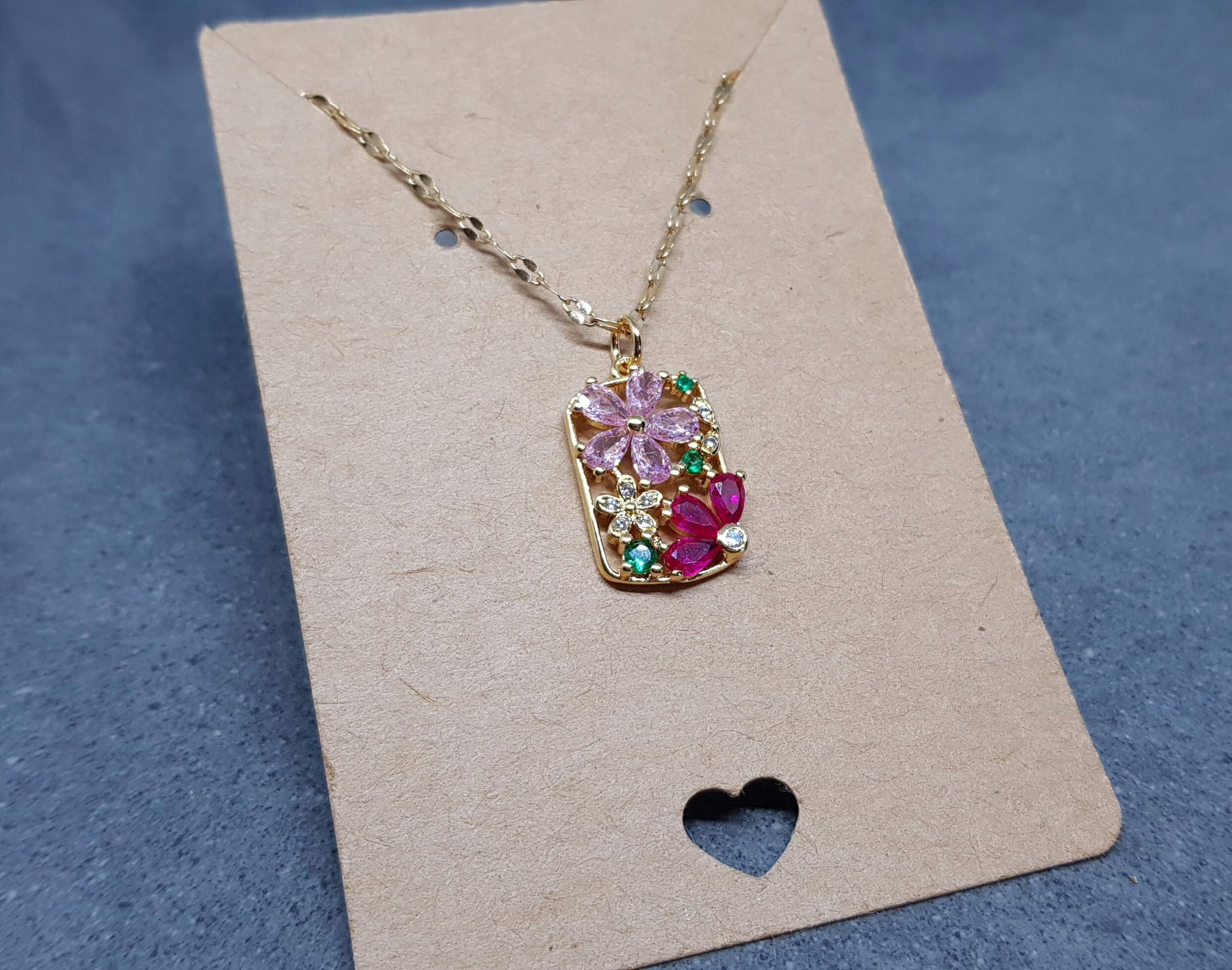 Flower Pendant Necklace, Brass Micro Pave Cubic Zirconia, Gold Necklace, Pink Flowers