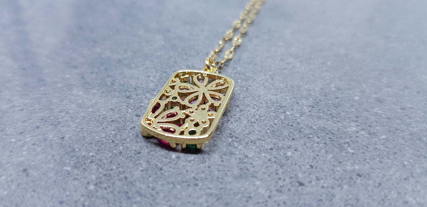 Flower Pendant Necklace, Brass Micro Pave Cubic Zirconia, Gold Necklace, Pink Flowers