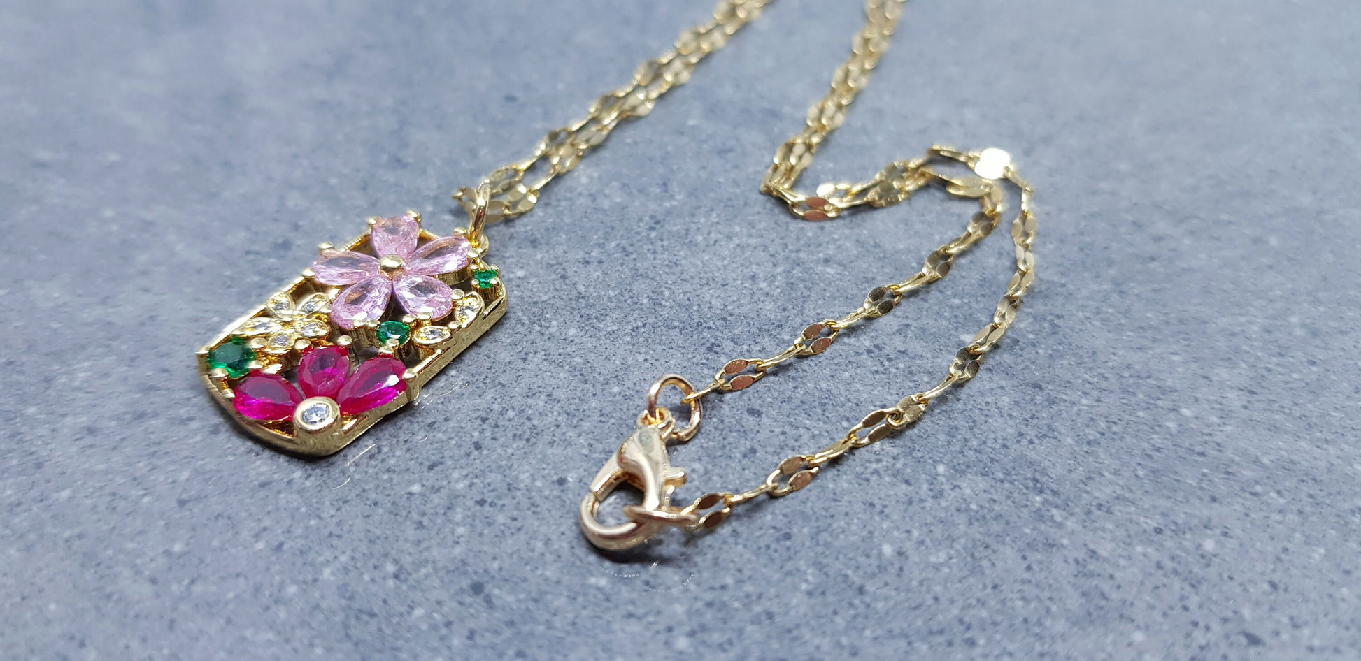 Flower Pendant Necklace, Brass Micro Pave Cubic Zirconia, Gold Necklace, Pink Flowers