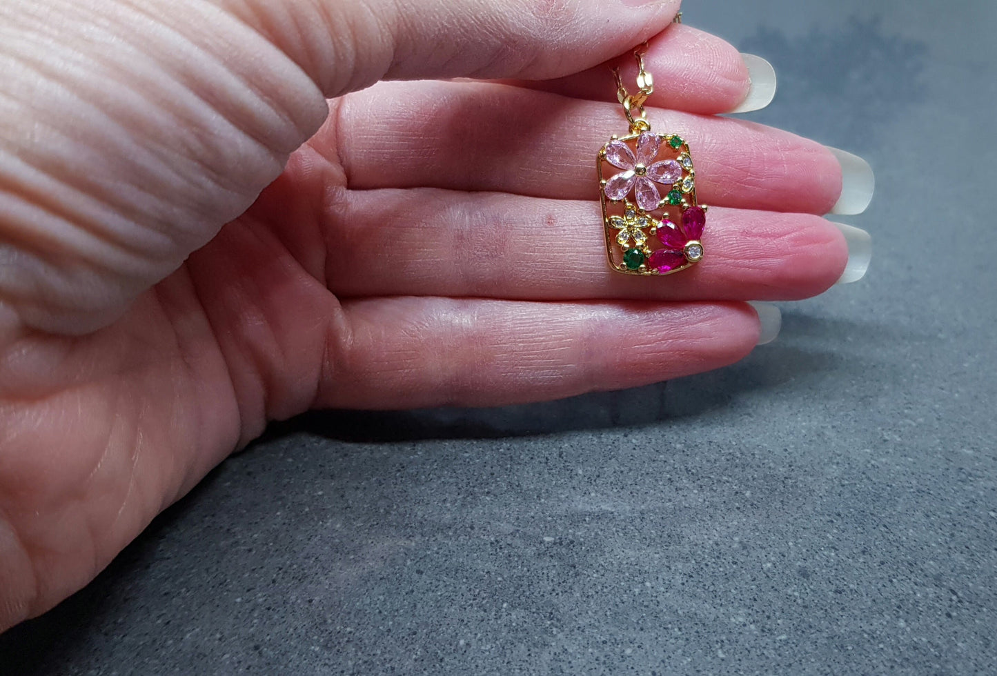 Flower Pendant Necklace, Brass Micro Pave Cubic Zirconia, Gold Necklace, Pink Flowers