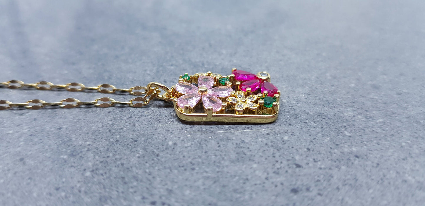 Flower Pendant Necklace, Brass Micro Pave Cubic Zirconia, Gold Necklace, Pink Flowers