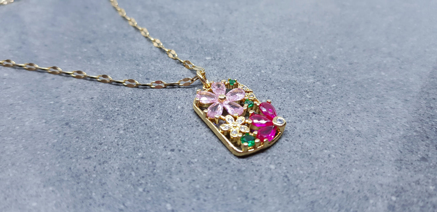 Flower Pendant Necklace, Brass Micro Pave Cubic Zirconia, Gold Necklace, Pink Flowers