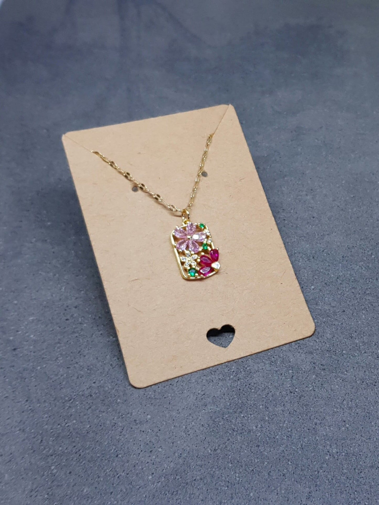 Flower Pendant Necklace, Brass Micro Pave Cubic Zirconia, Gold Necklace, Pink Flowers