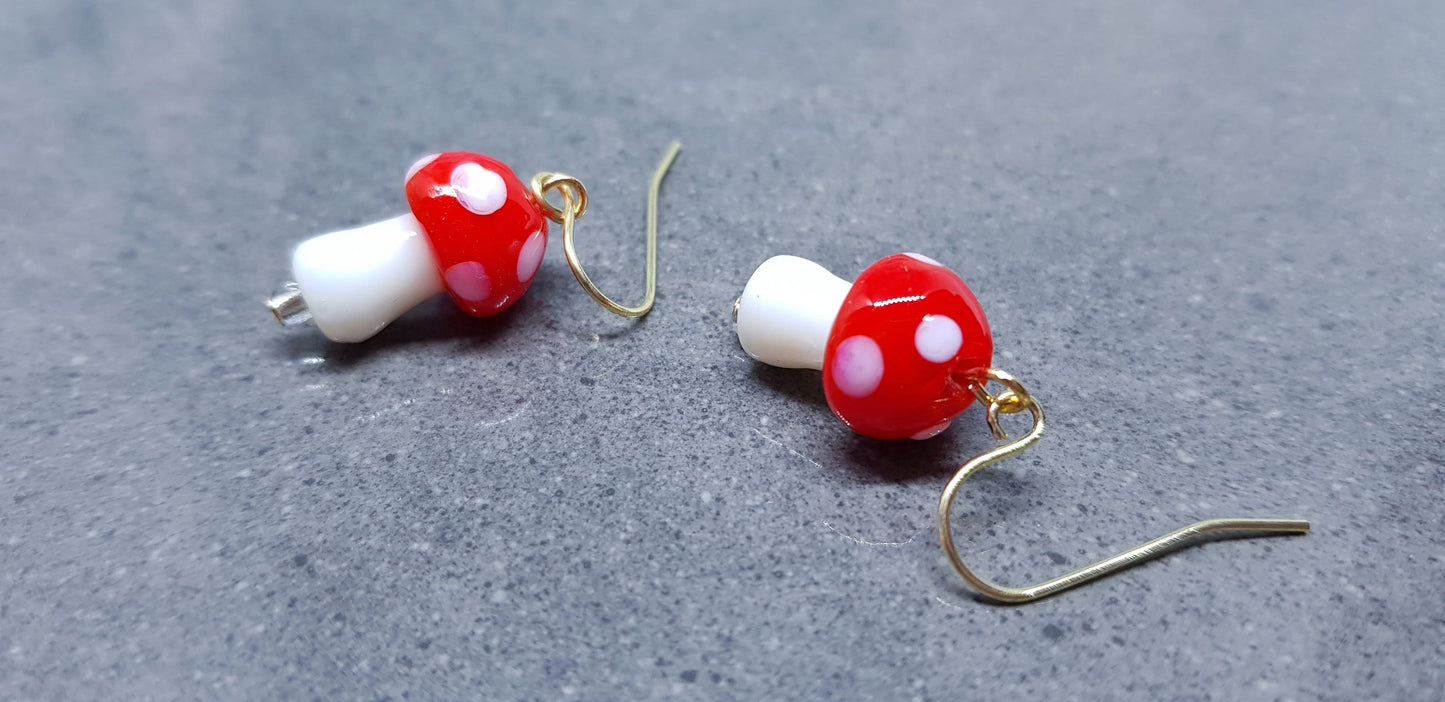 Glass Mushroom Earrings, Hypoallergenic Ear Wires, Toad Stool Earrings, Glass jewellery