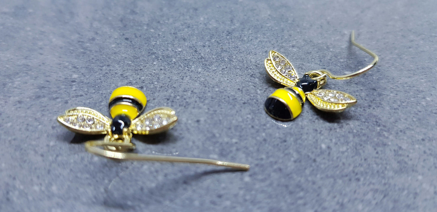 Crystal Rhinestone Bee Earrings, Hypoallergenic Ear Wires, Bumble Bee Earrings, Gold Plated Earrings, Bee Lovers Earrings, Nature Earrings