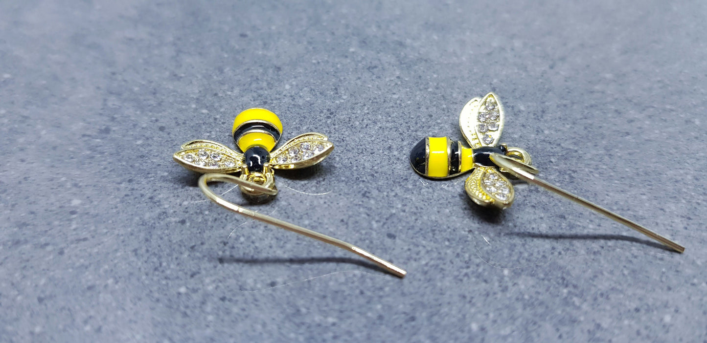 Crystal Rhinestone Bee Earrings, Hypoallergenic Ear Wires, Bumble Bee Earrings, Gold Plated Earrings, Bee Lovers Earrings, Nature Earrings