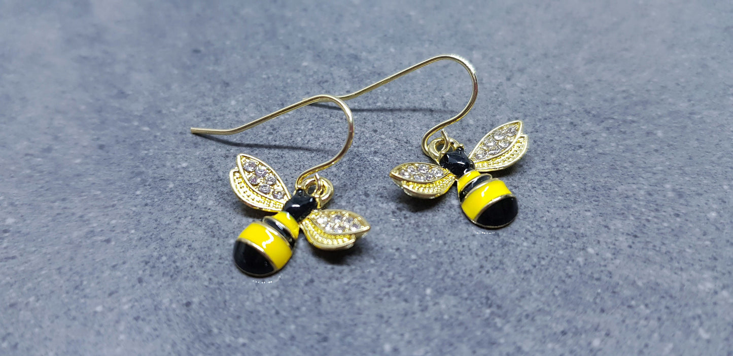 Crystal Rhinestone Bee Earrings, Hypoallergenic Ear Wires, Bumble Bee Earrings, Gold Plated Earrings, Bee Lovers Earrings, Nature Earrings