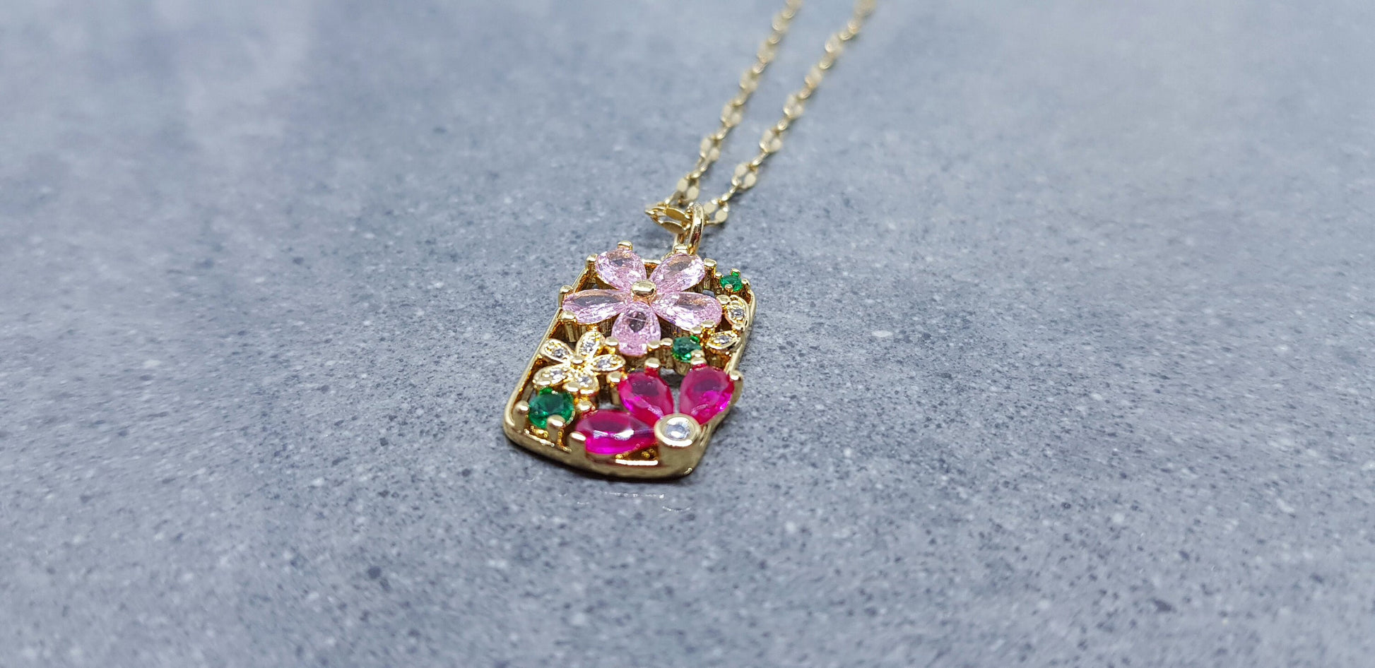 Flower Pendant Necklace, Brass Micro Pave Cubic Zirconia, Gold Necklace, Pink Flowers