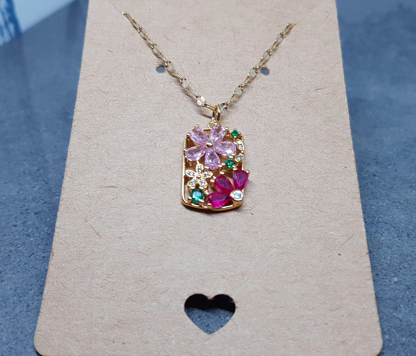 Flower Pendant Necklace, Brass Micro Pave Cubic Zirconia, Gold Necklace, Pink Flowers