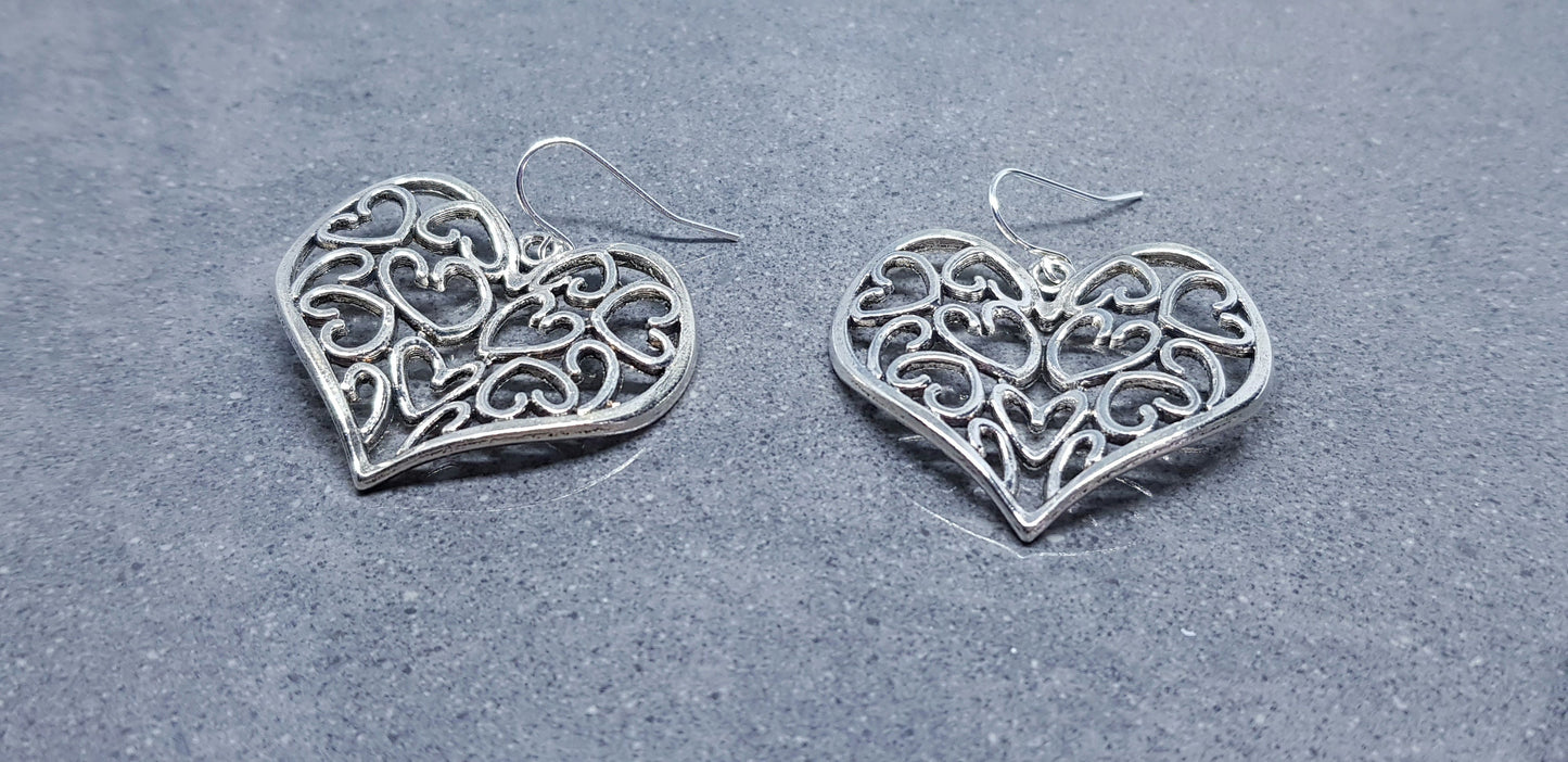 Large Heart Earrings, Filigree Heart earrings, Silver Heart Jewelry, Filigree Heart Jewelry