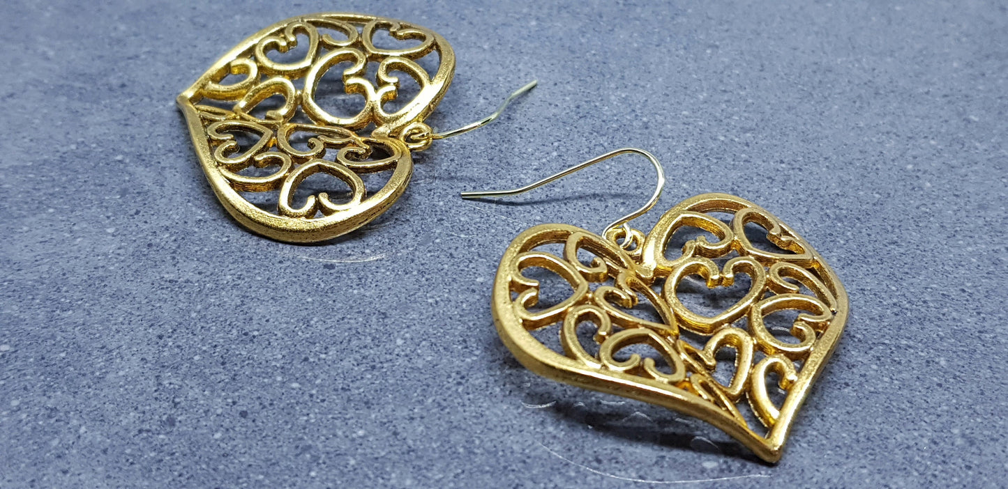 Large Heart Earrings, Filigree Heart earrings, Gold Heart Jewelry, Filigree Heart Jewelry