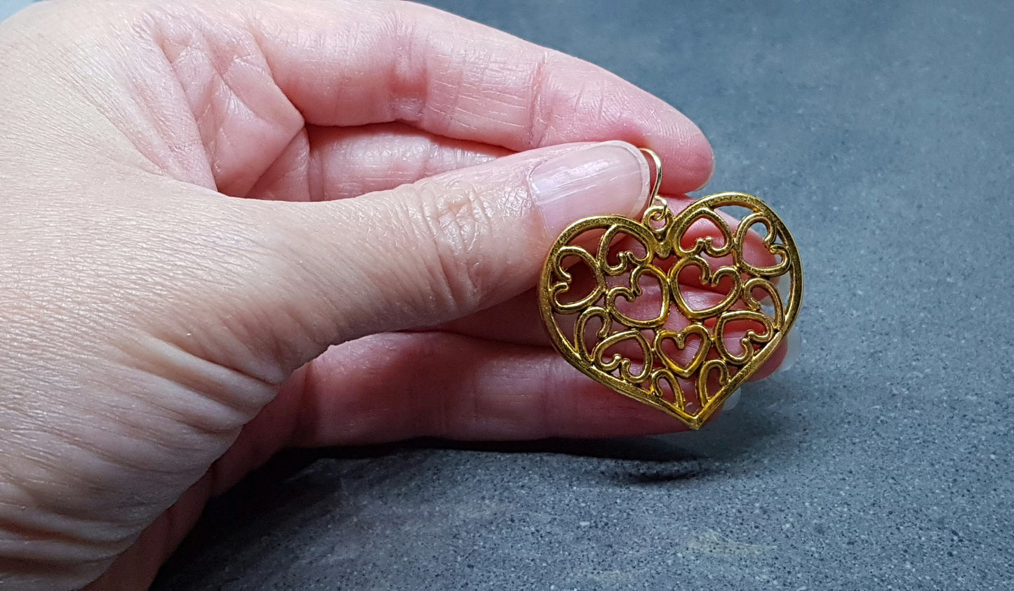 Large Heart Earrings, Filigree Heart earrings, Gold Heart Jewelry, Filigree Heart Jewelry