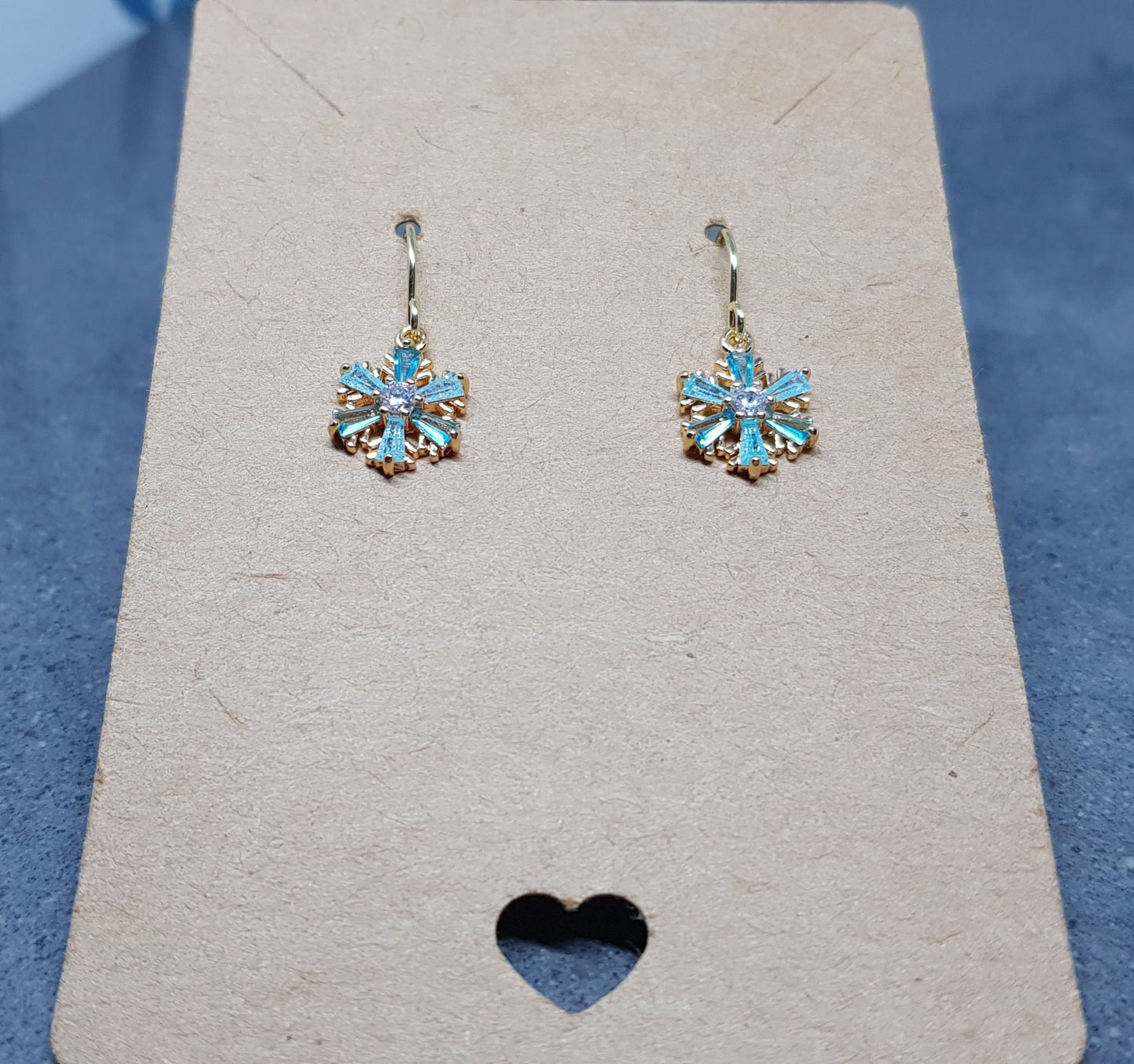 Turquoise Cubic zirconia Snowflakes Earrings, real 18k gold plated Earrings, Christmas Earrings, Brass Earrings, Festive Earrings