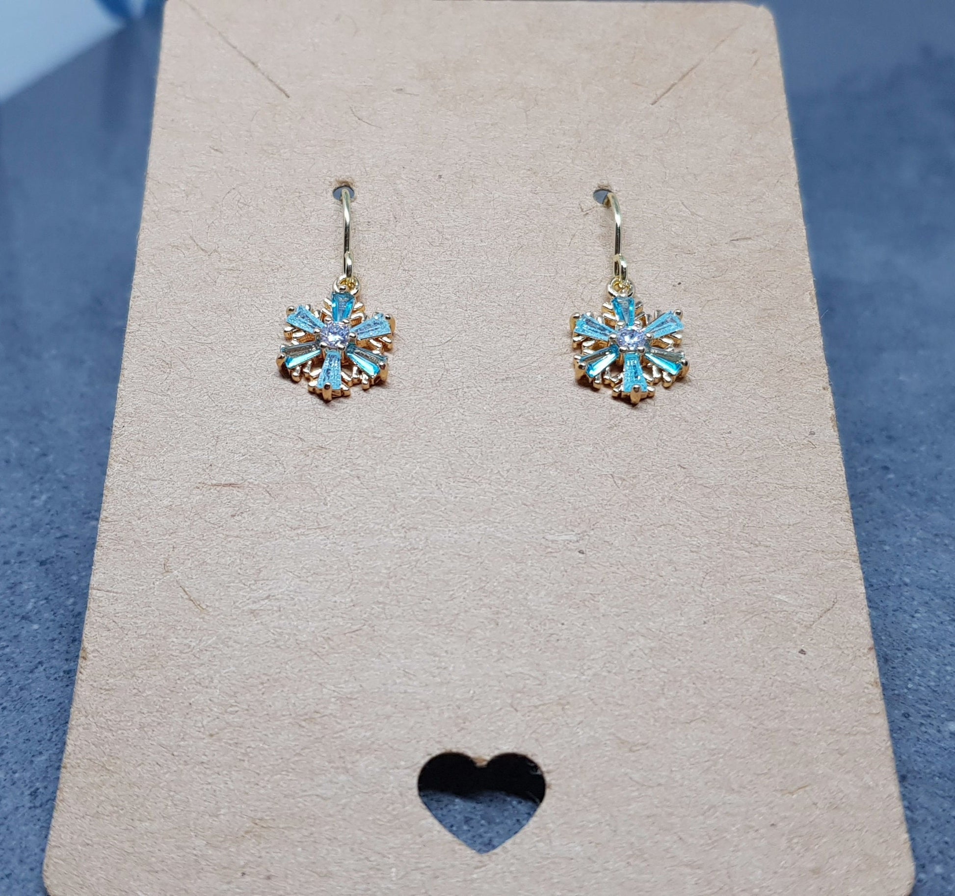 Turquoise Cubic zirconia Snowflakes Earrings, real 18k gold plated Earrings, Christmas Earrings, Brass Earrings, Festive Earrings