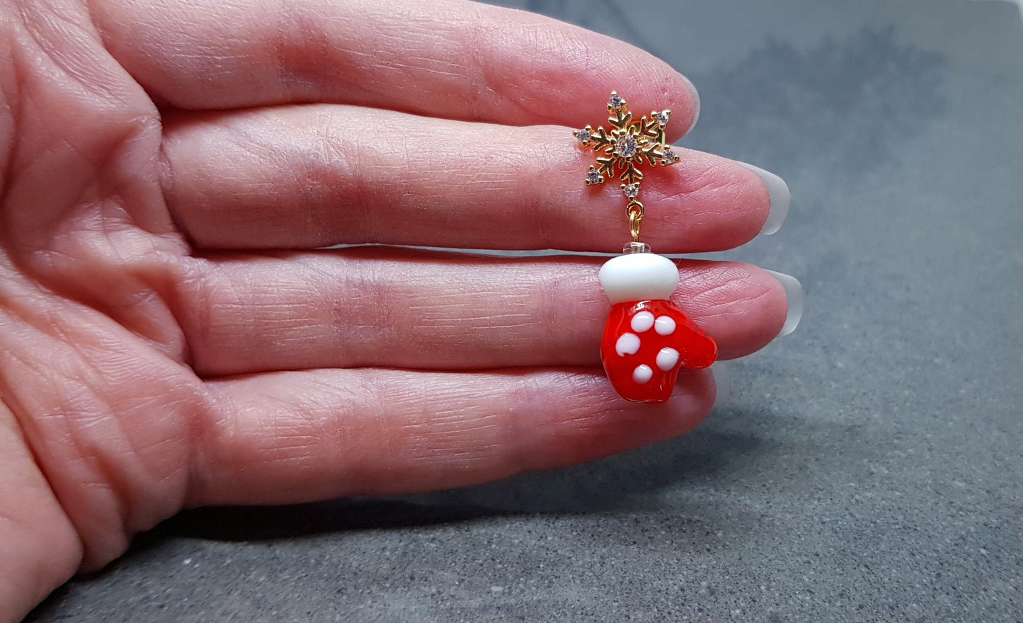 Glass Santa's Mitten Earrings, Snowflake Earrings, Cubic Zirconia Nickel Free Studs, Christmas Jewellery, Festive Earrings