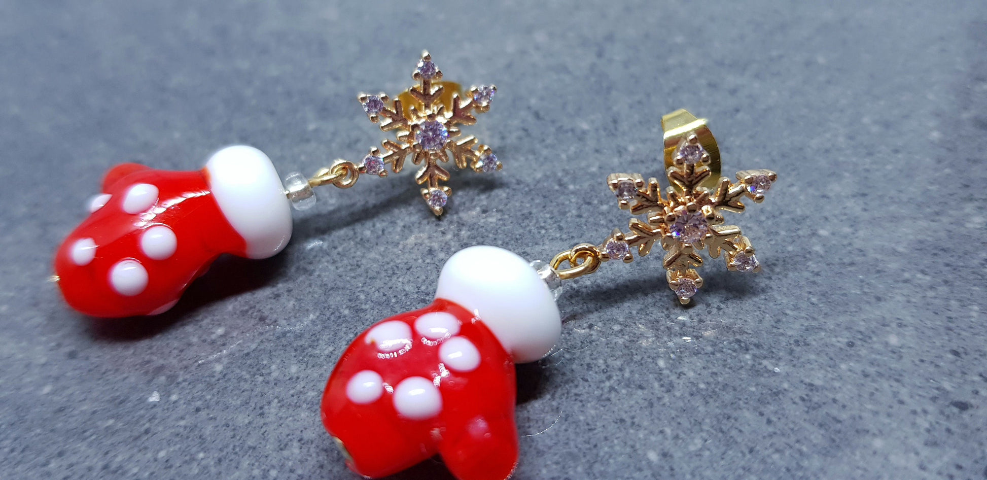 Glass Santa's Mitten Earrings, Snowflake Earrings, Cubic Zirconia Nickel Free Studs, Christmas Jewellery, Festive Earrings