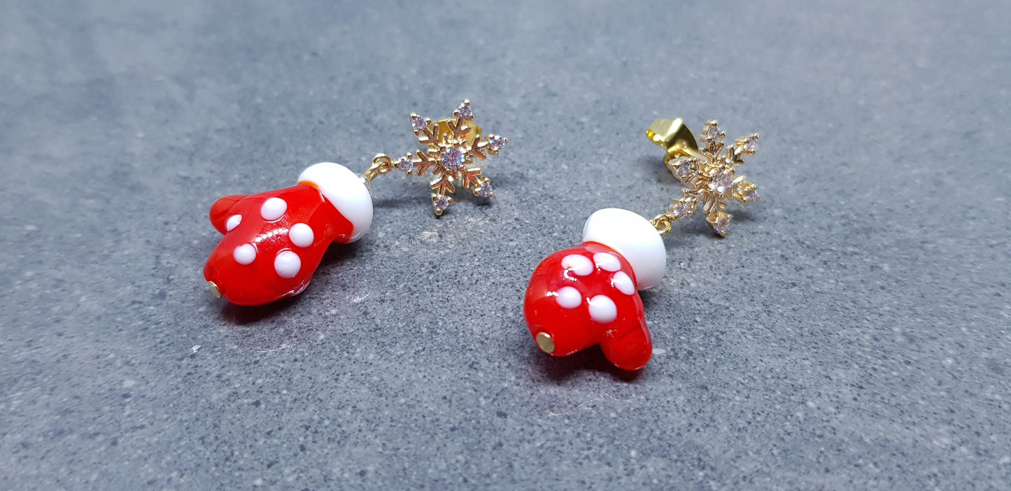 Glass Santa's Mitten Earrings, Snowflake Earrings, Cubic Zirconia Nickel Free Studs, Christmas Jewellery, Festive Earrings