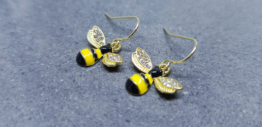 Crystal Rhinestone Bee Earrings, Hypoallergenic Ear Wires, Bumble Bee Earrings, Gold Plated Earrings, Bee Lovers Earrings, Nature Earrings