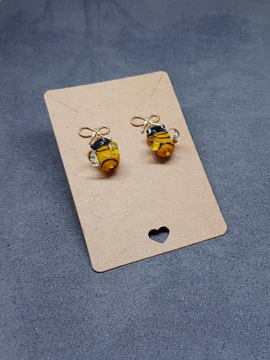 Glass Bee Earrings, Bee Earrings, Brass bow studs, Bumble Bee Earrings, Bee Jewelry