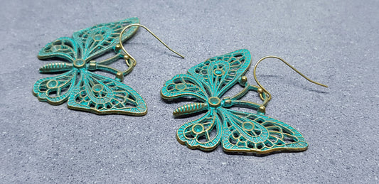 Antique Butterfly Earrings, Hypoallergenic Ear Wires, Bronze Tone Green Patina Butterfly Jewelry, Gift for her, Vintage style butterflies