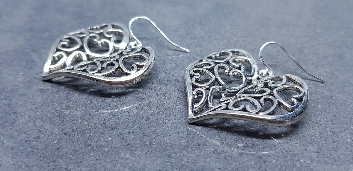 Large Heart Earrings, Filigree Heart earrings, Silver Heart Jewelry, Filigree Heart Jewelry