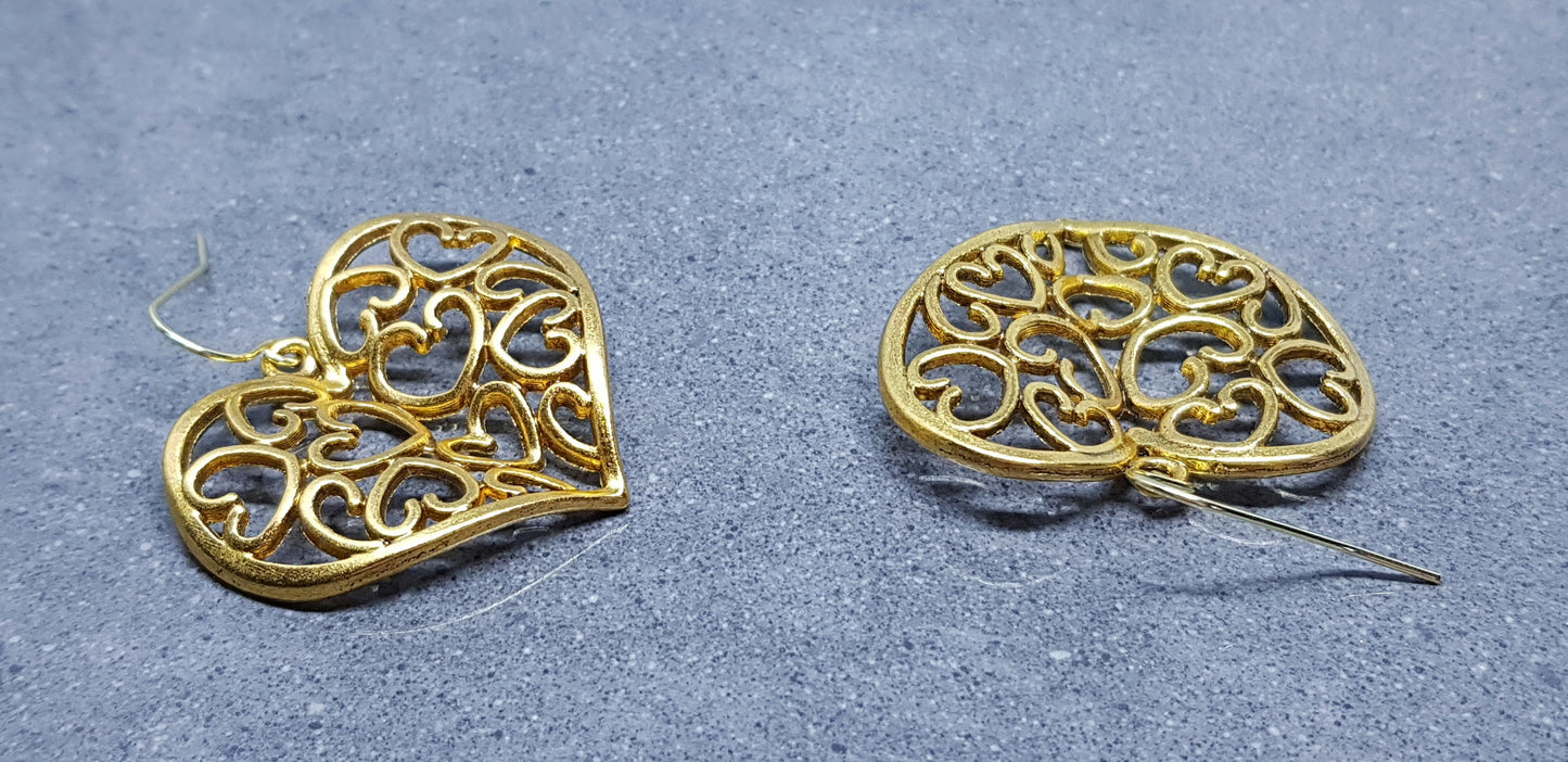 Large Heart Earrings, Filigree Heart earrings, Gold Heart Jewelry, Filigree Heart Jewelry