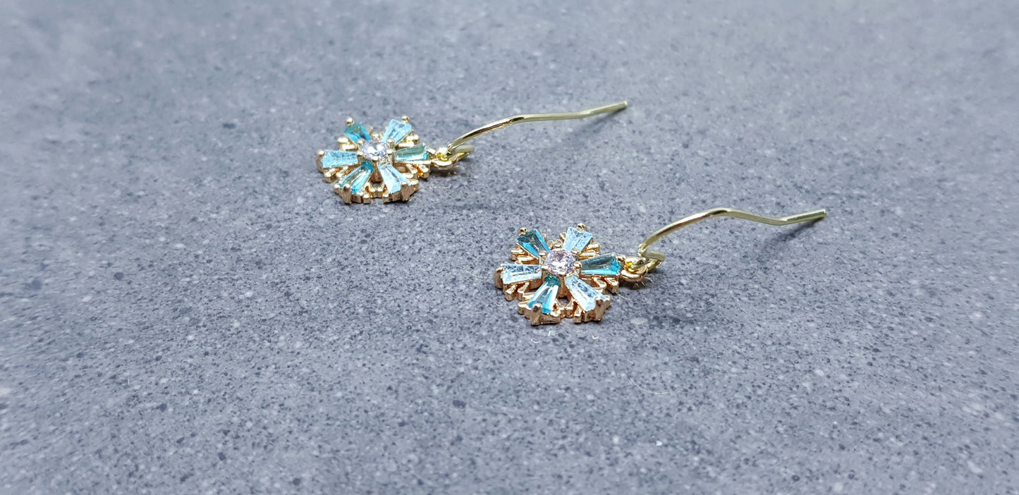 Turquoise Cubic zirconia Snowflakes Earrings, real 18k gold plated Earrings, Christmas Earrings, Brass Earrings, Festive Earrings