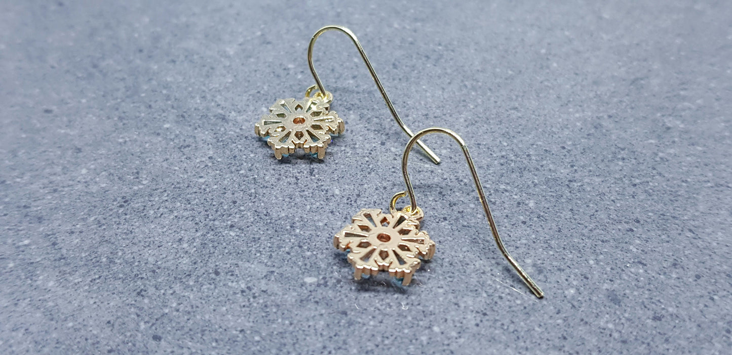 Turquoise Cubic zirconia Snowflakes Earrings, real 18k gold plated Earrings, Christmas Earrings, Brass Earrings, Festive Earrings