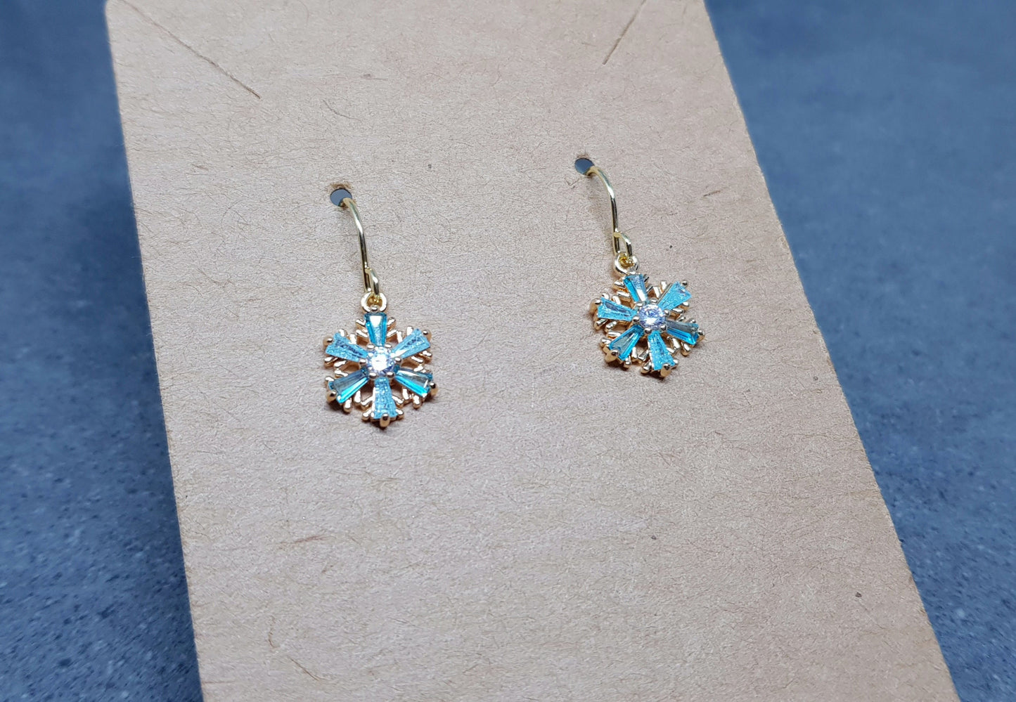 Turquoise Cubic zirconia Snowflakes Earrings, real 18k gold plated Earrings, Christmas Earrings, Brass Earrings, Festive Earrings