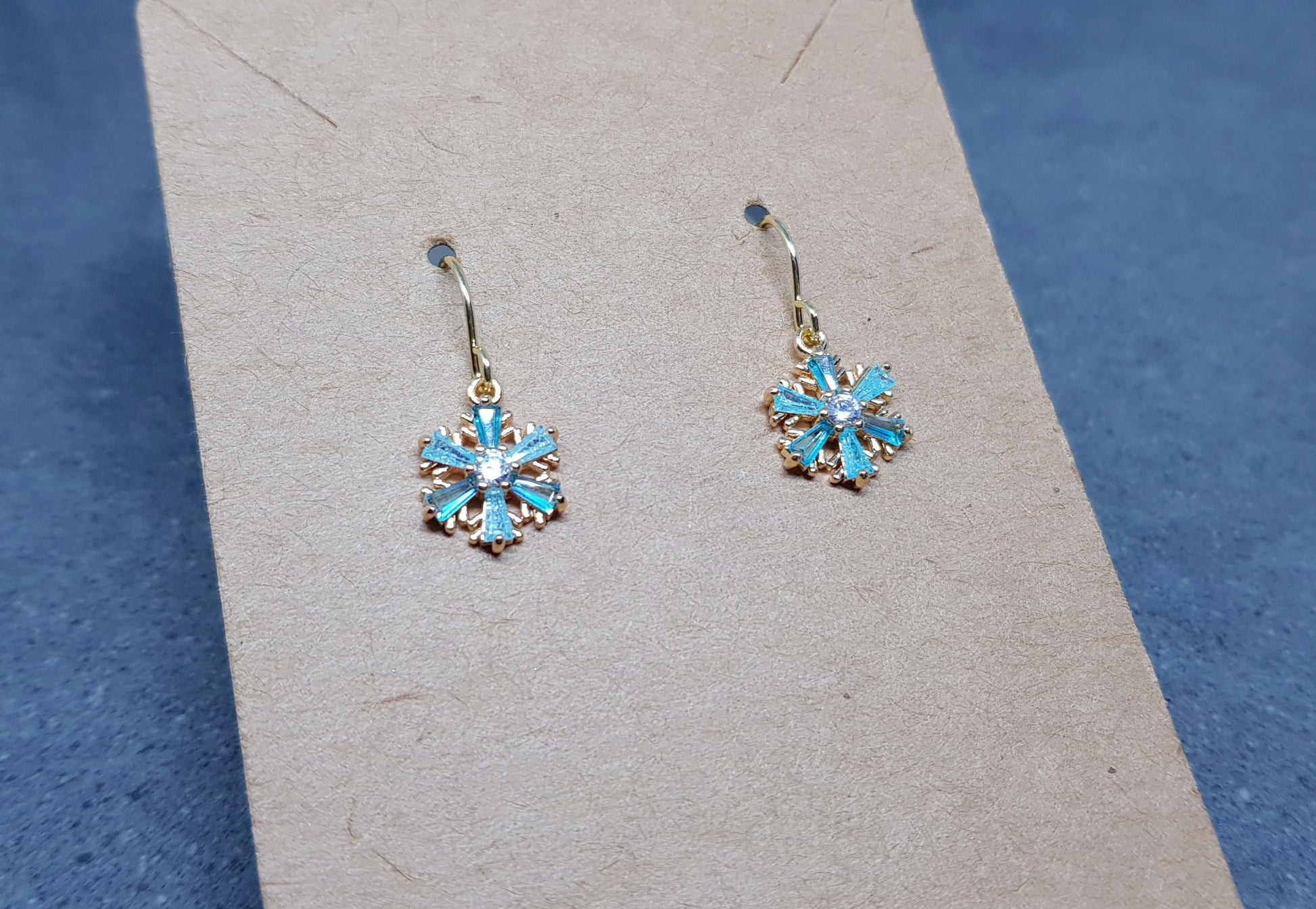 Turquoise Cubic zirconia Snowflakes Earrings, real 18k gold plated Earrings, Christmas Earrings, Brass Earrings, Festive Earrings