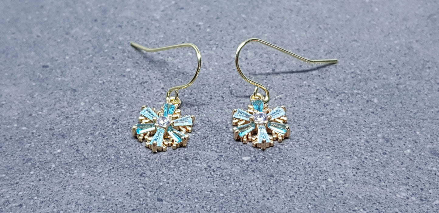 Turquoise Cubic zirconia Snowflakes Earrings, real 18k gold plated Earrings, Christmas Earrings, Brass Earrings, Festive Earrings