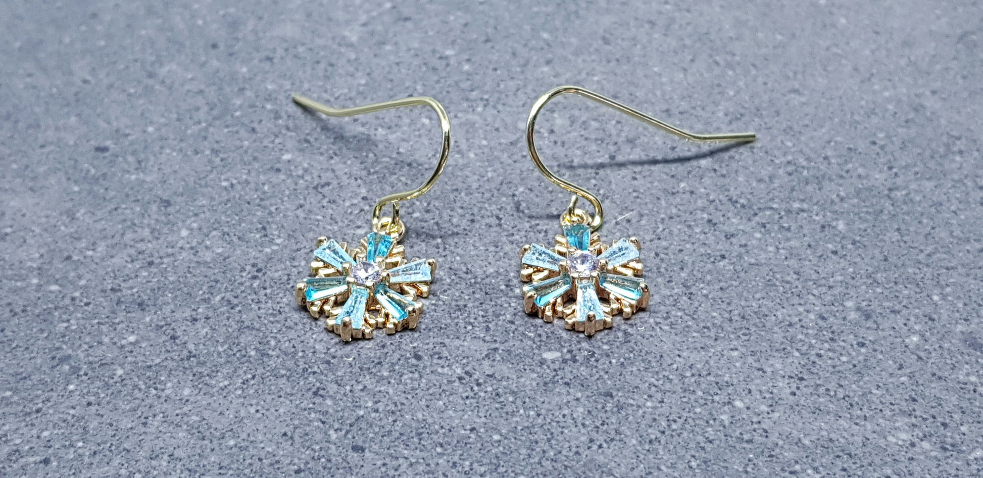 Turquoise Cubic zirconia Snowflakes Earrings, real 18k gold plated Earrings, Christmas Earrings, Brass Earrings, Festive Earrings