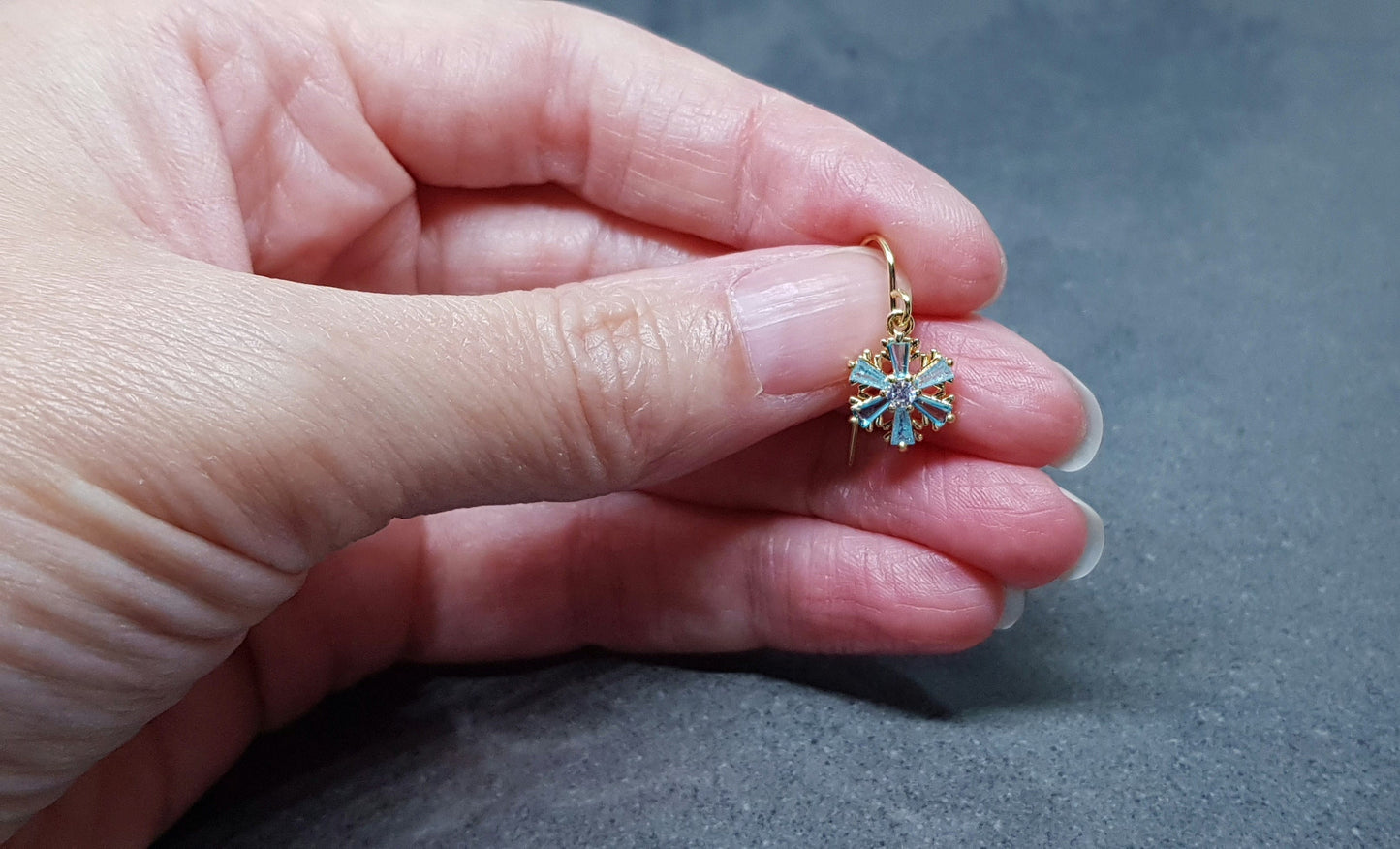 Turquoise Cubic zirconia Snowflakes Earrings, real 18k gold plated Earrings, Christmas Earrings, Brass Earrings, Festive Earrings