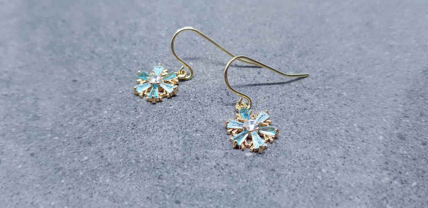 Turquoise Cubic zirconia Snowflakes Earrings, real 18k gold plated Earrings, Christmas Earrings, Brass Earrings, Festive Earrings