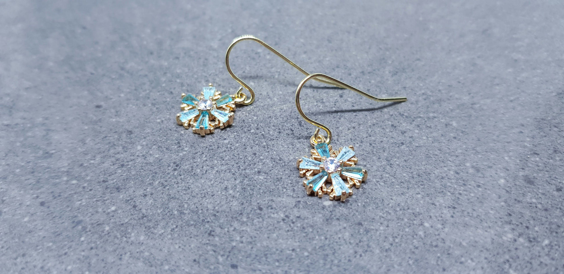 Turquoise Cubic zirconia Snowflakes Earrings, real 18k gold plated Earrings, Christmas Earrings, Brass Earrings, Festive Earrings