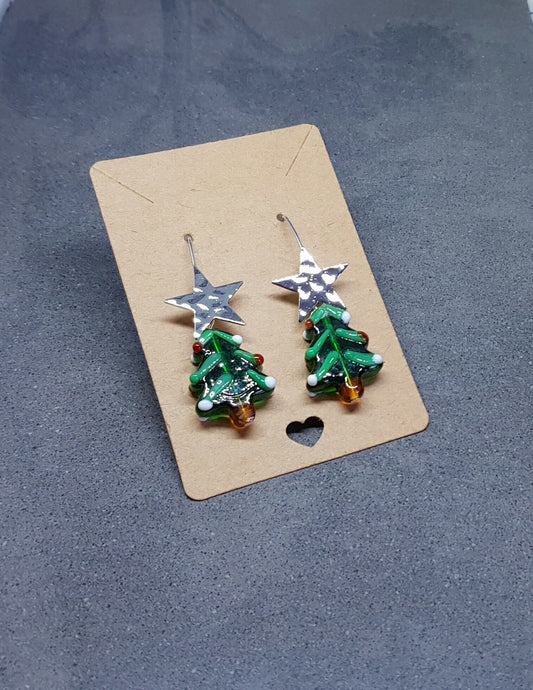 Glass Christmas Tree Earrings, Glass Christmas Tree Jewellery, Nickel Free Platinum Plated Star Ear Wires, Festive Earrings