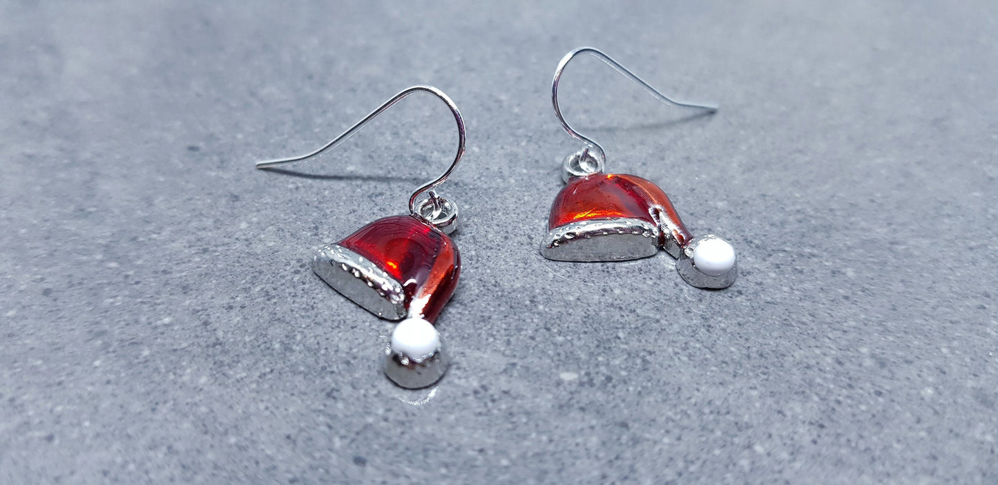 Santa Hat Earrings, Enamel Earrings, Hat Jewelry, Hypoallergenic, Santa Earrings, Christmas Earrings, Festive Earrings