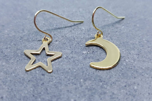 Crescent Moon and Star Earrings, Hypoallergenic Ear Wires, Gold Stainless Steel Earrings, Moon and Star Earrings