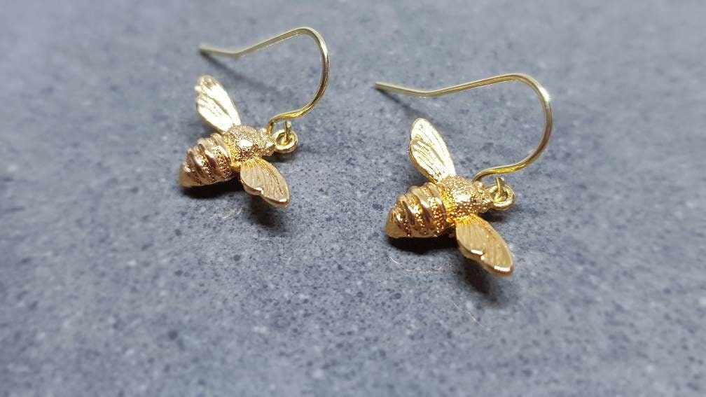 Bee Earrings, Hypoallergenic Ear Wires, Brass Bumble Bee, Nickel Free, Gold Earrings, Bee Lovers Earrings, Insect Earrings