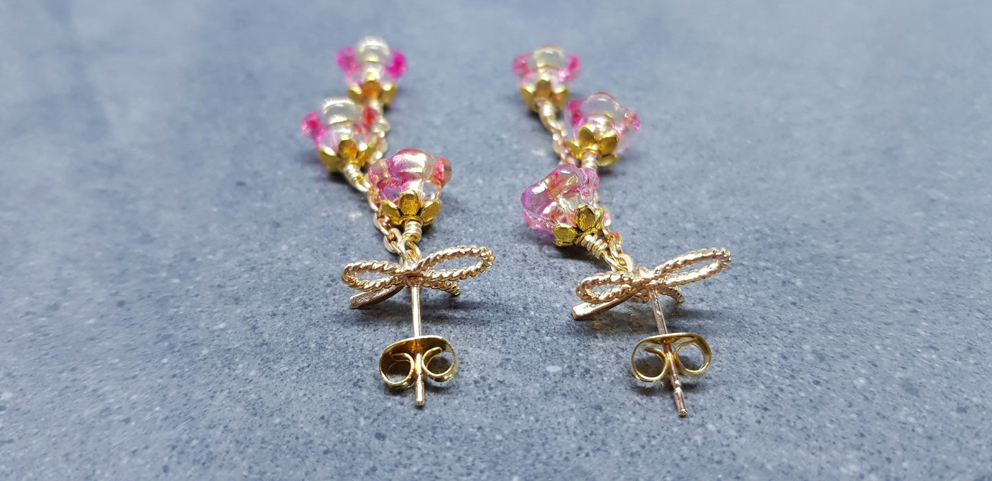 Flower Earrings, Brass Bow Studs, Glass Flowers, Orange/Pink Multicolour, Gold Plated, Individually Hand Wire Wrapped, Pretty Earrings