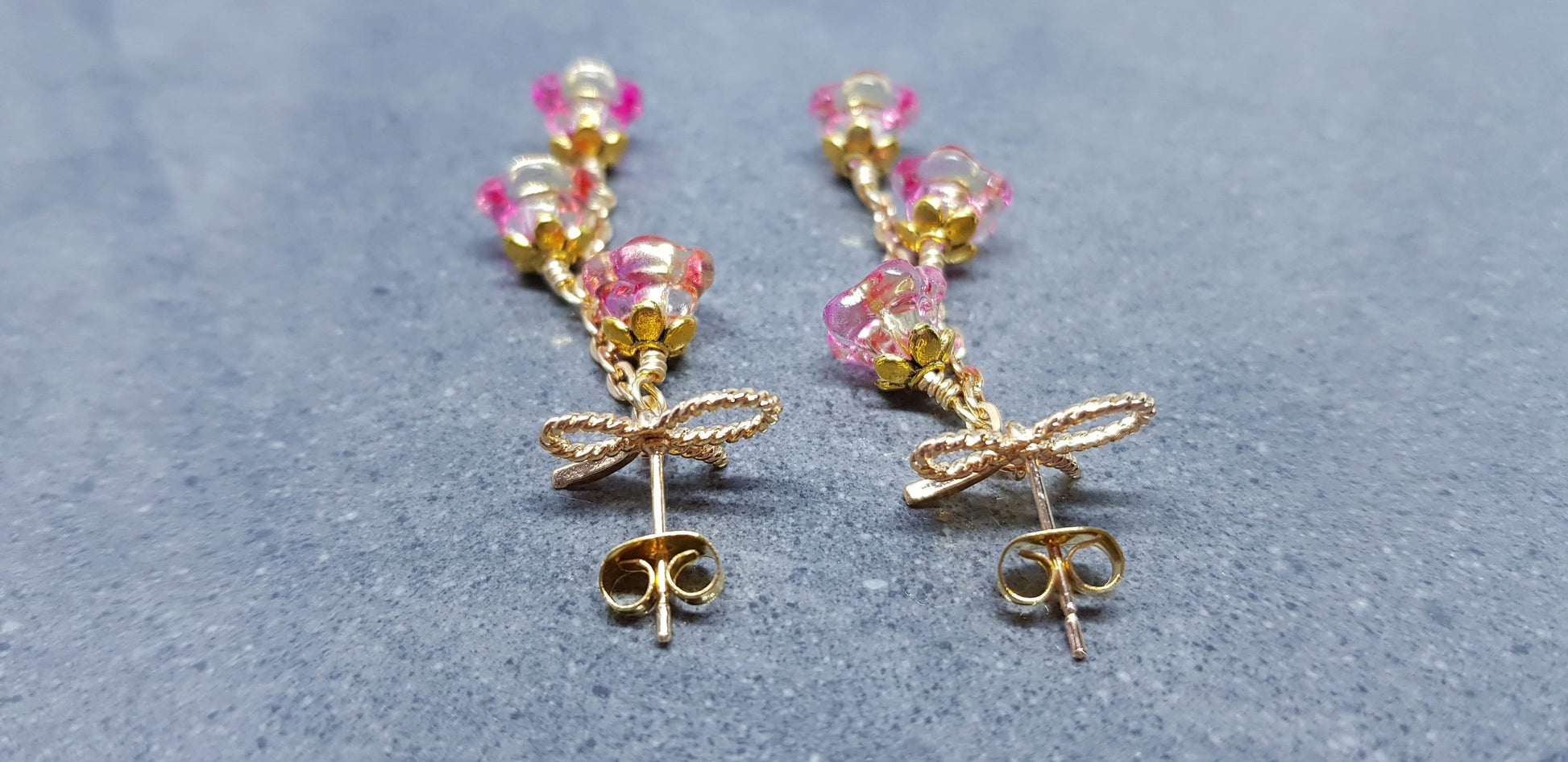 Flower Earrings, Brass Bow Studs, Glass Flowers, Orange/Pink Multicolour, Gold Plated, Individually Hand Wire Wrapped, Pretty Earrings